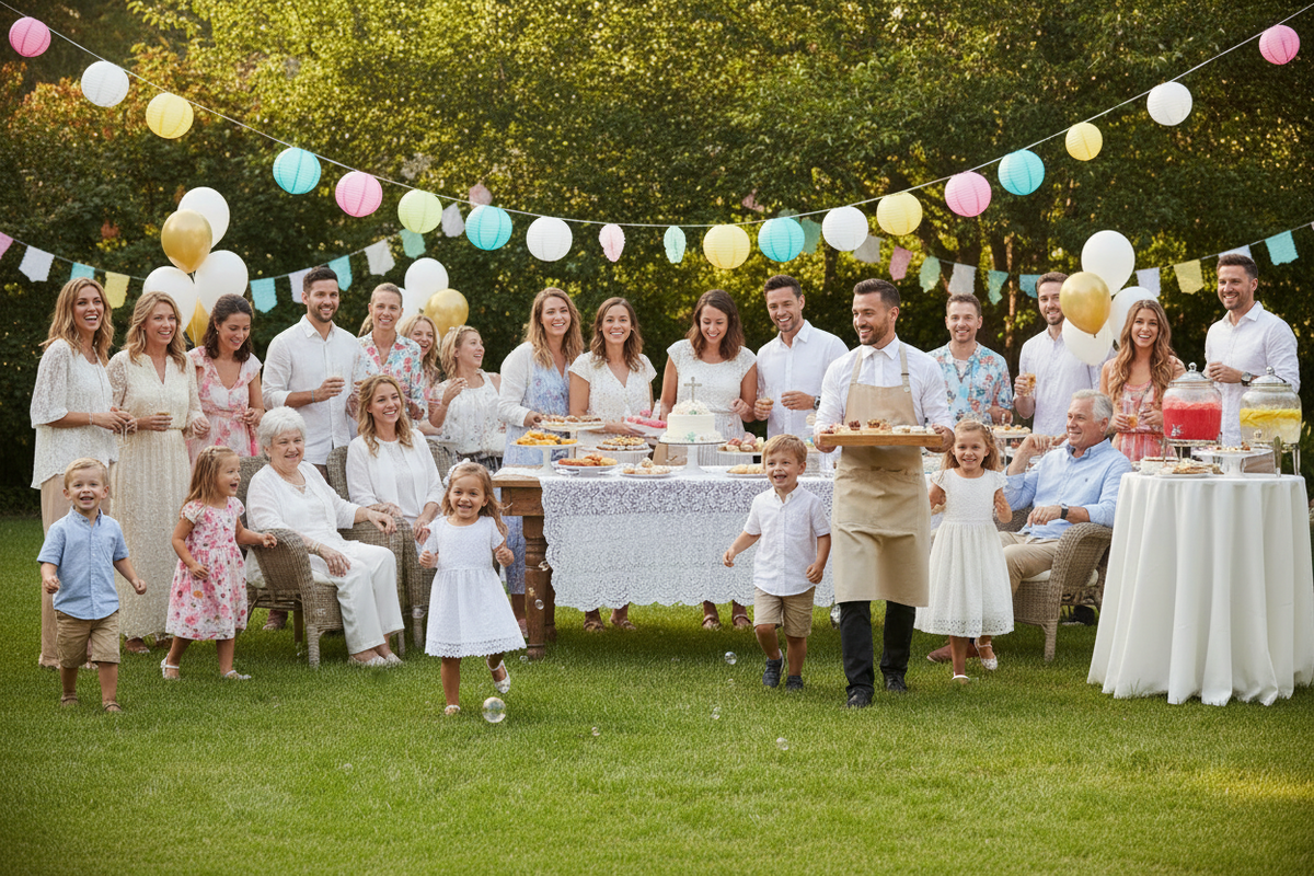 A large outdoor birthday party scene on a grassy lawn with many people gathered around tables, balloons, and bunting. A man in the foreground wears a beige apron and holds a tray, while children and adults are dressed in light clothing.